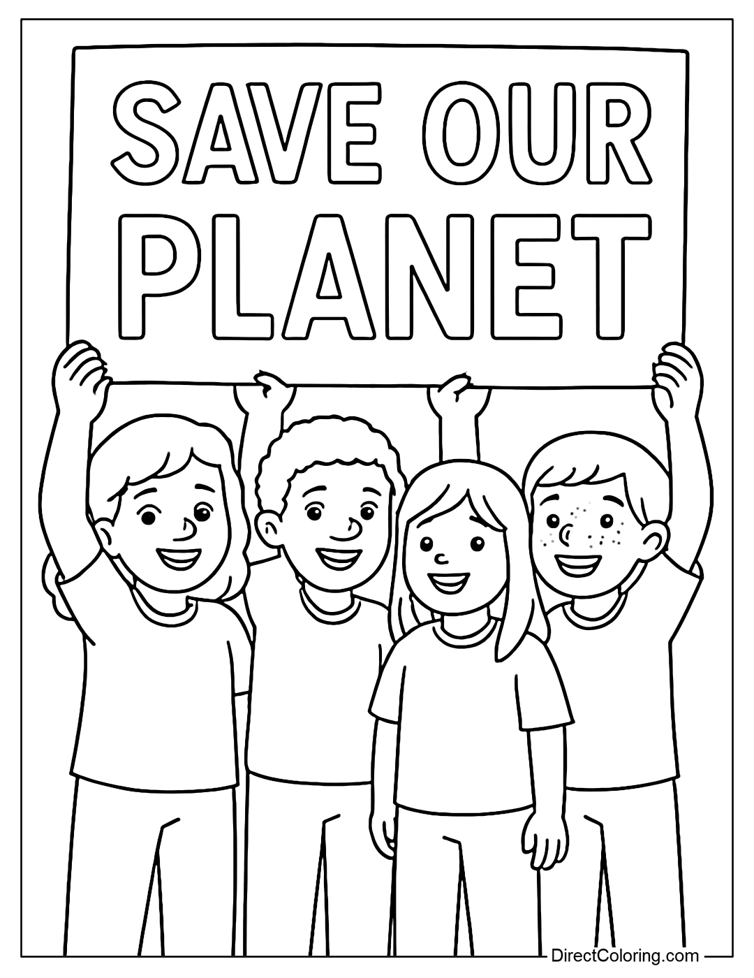 Coloring Page of a group of kids holding a banner “Save Our Planet” during a climate march.